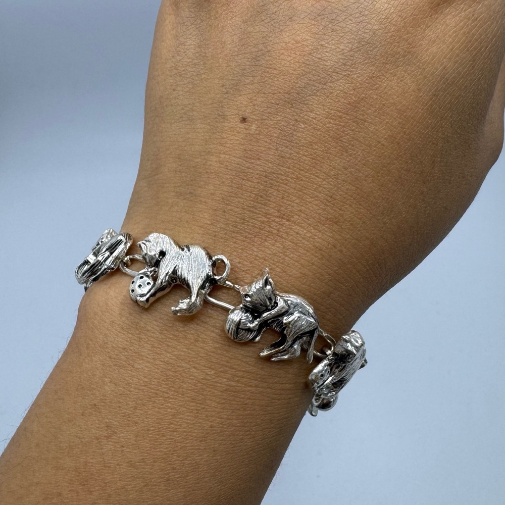 Silver Tone Linked Playing Cats Statement Bracelet